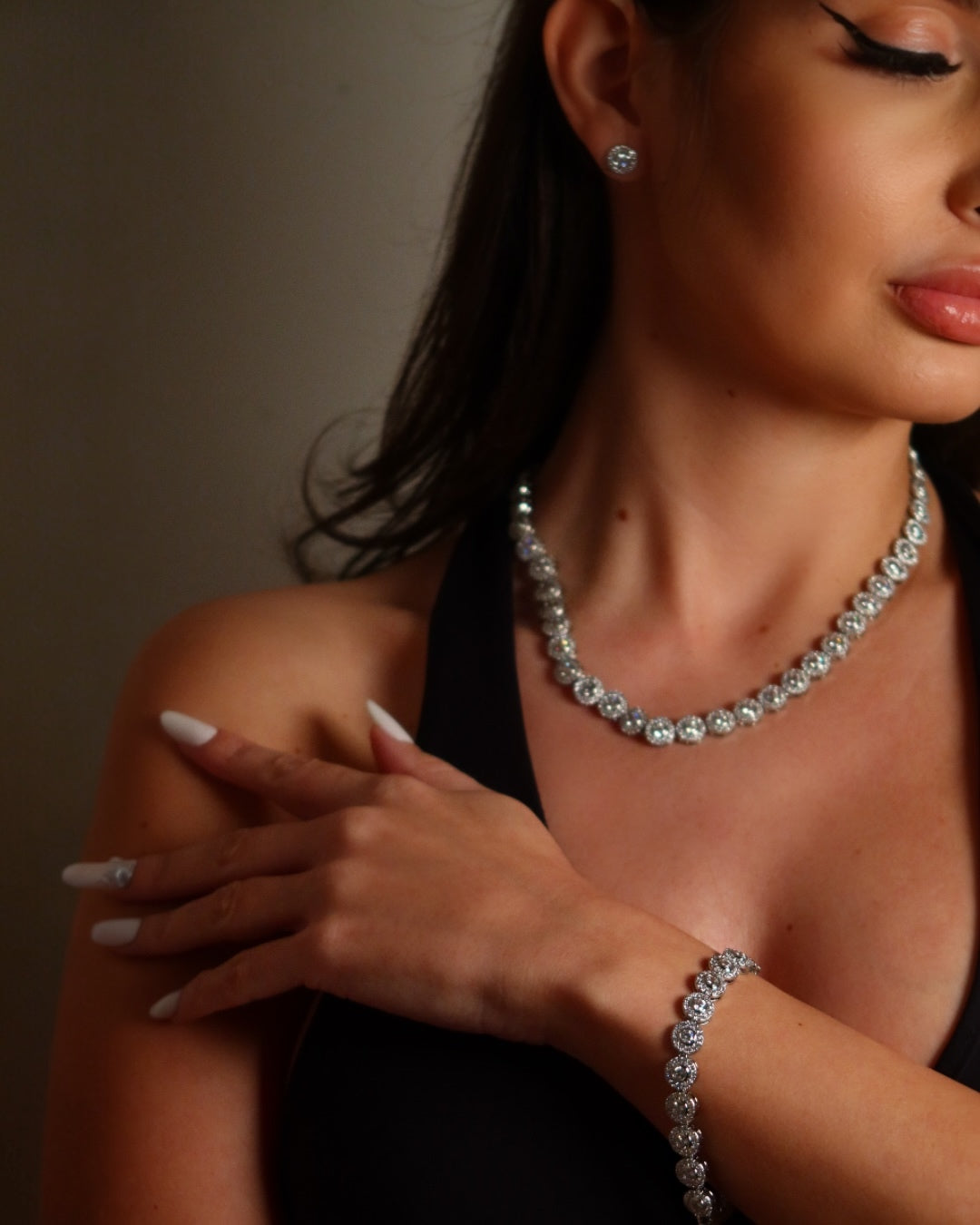 Set Angel Damă Placat cu Aur Alb Colier+Brățară+Cercei