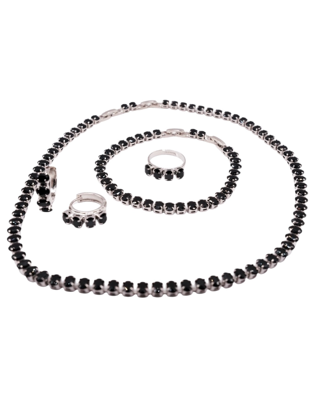 Set Tennis Negru Damă Oțel Inoxidabil Colier+Brățară+Cercei+Inel