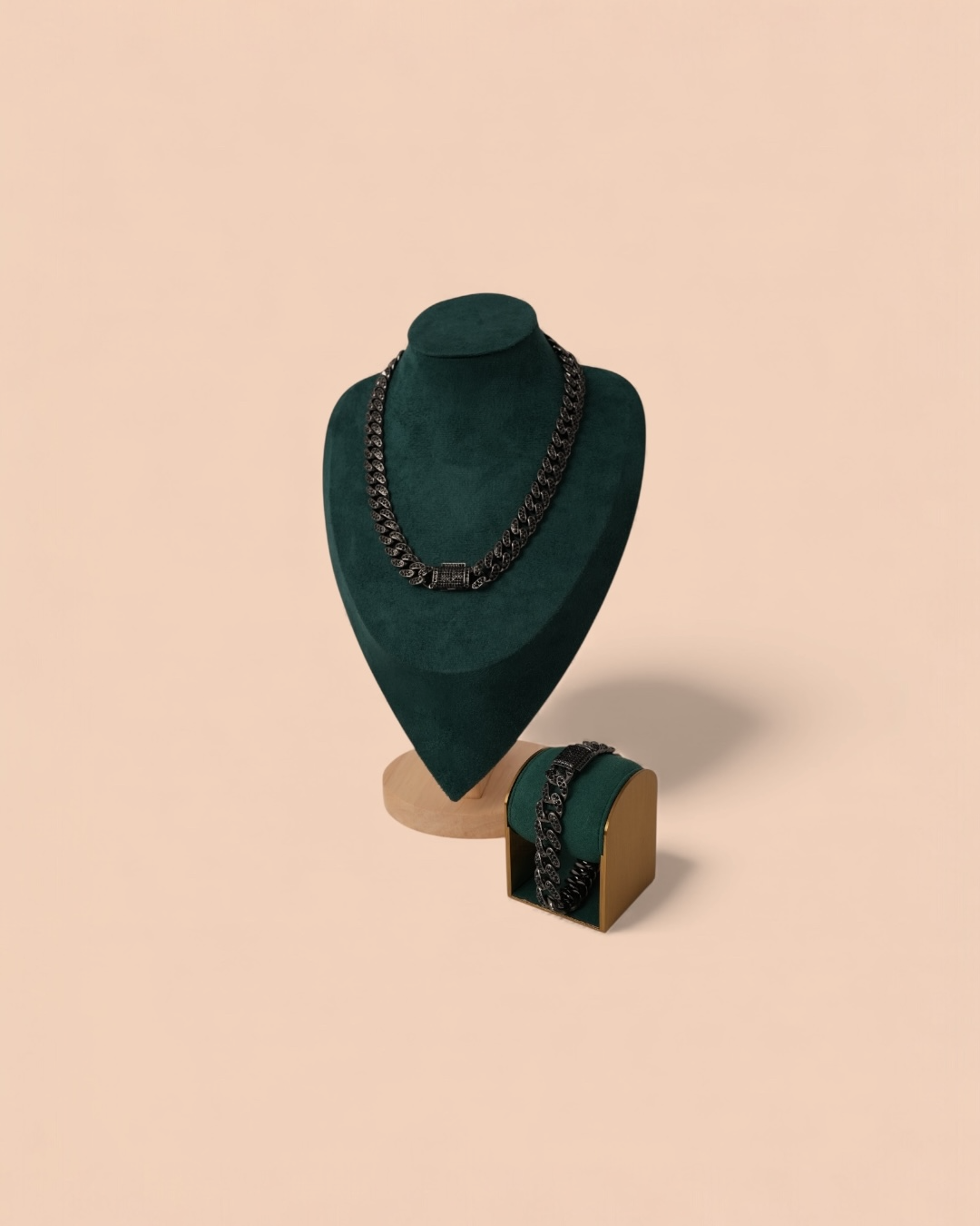 Set Cuban Black Crystal Damă/Bărbați Oțel Inoxidabil 12mm