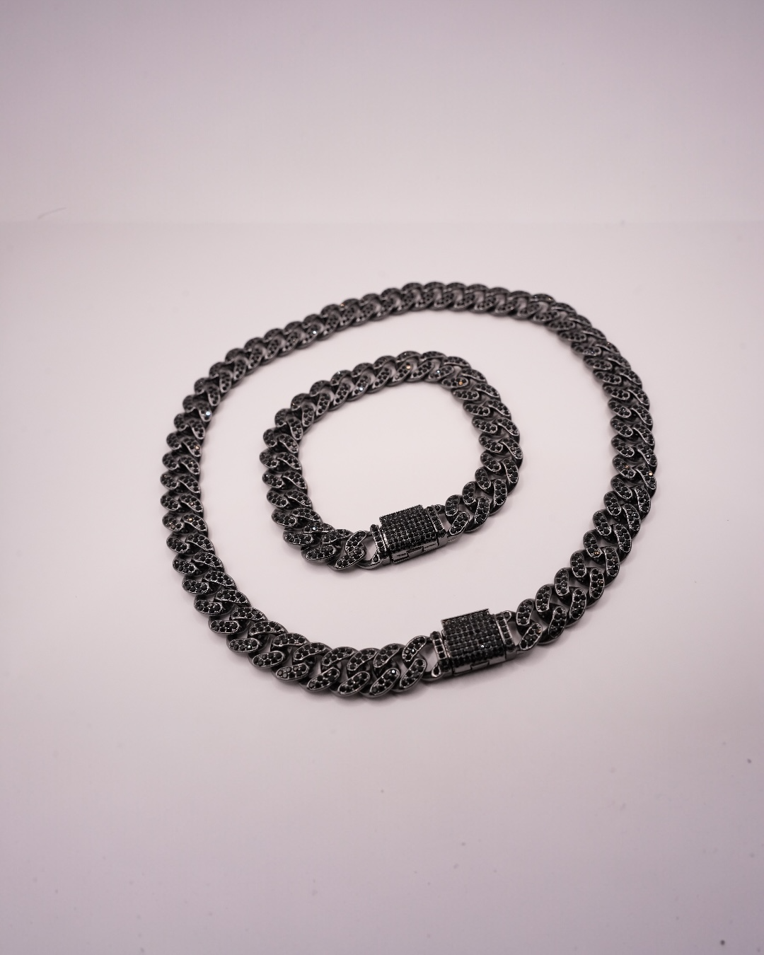 Set Cuban Black Crystal Damă/Bărbați Oțel Inoxidabil 12mm