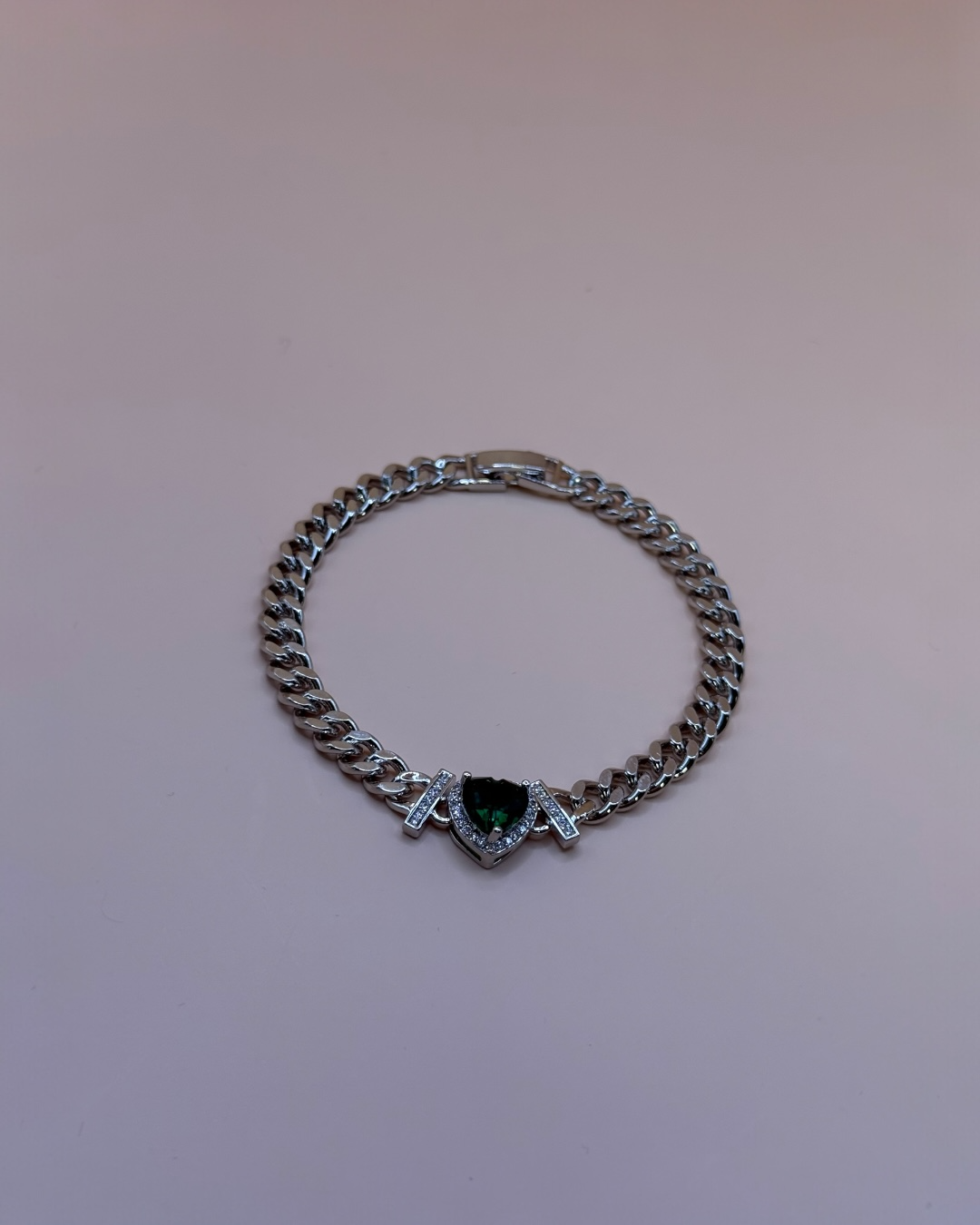 Brățara Cuban Inimă Verde Damă Placată cu Aur Alb 5mm